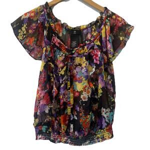 A Petite Sheer Floral Blouse Ruffle Women's Size MP Black Boho